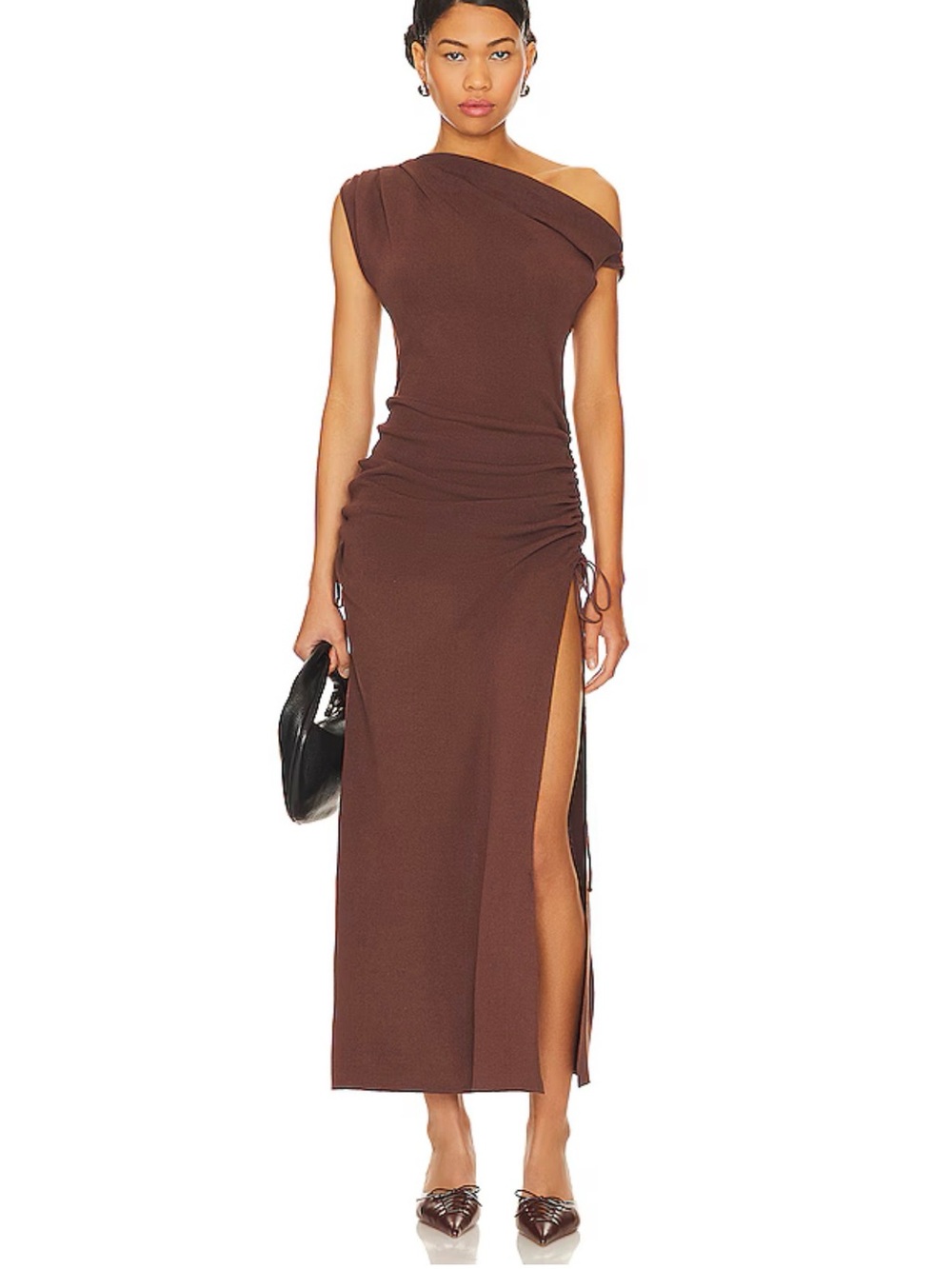 Lioness burgundy One-Shoulder Side-Ruched Maxi Dress